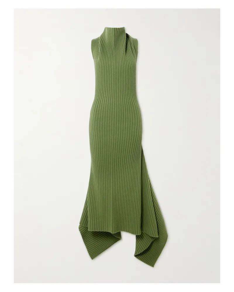 Victoria Beckham Midikleid Aus Einer Wollmischung In Rippstrick Mit Raffungen - Grün Grün