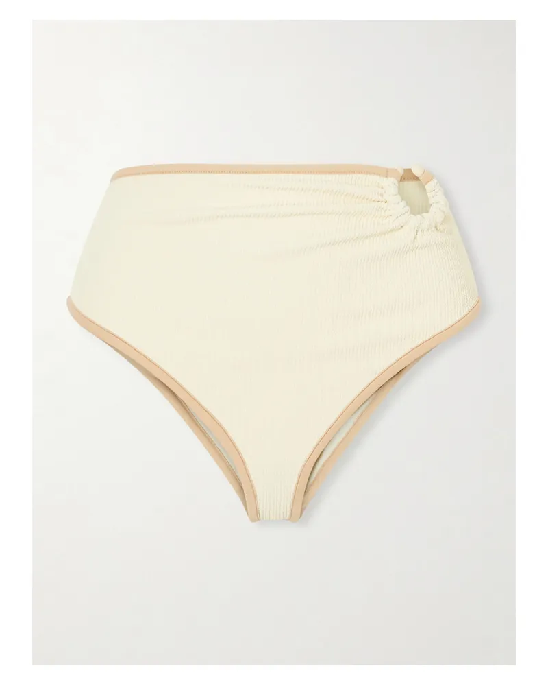Johanna Ortiz Susurro Del Agua Embellished Recycled-seersucker Bikini Briefs - Neutrals Neutrals