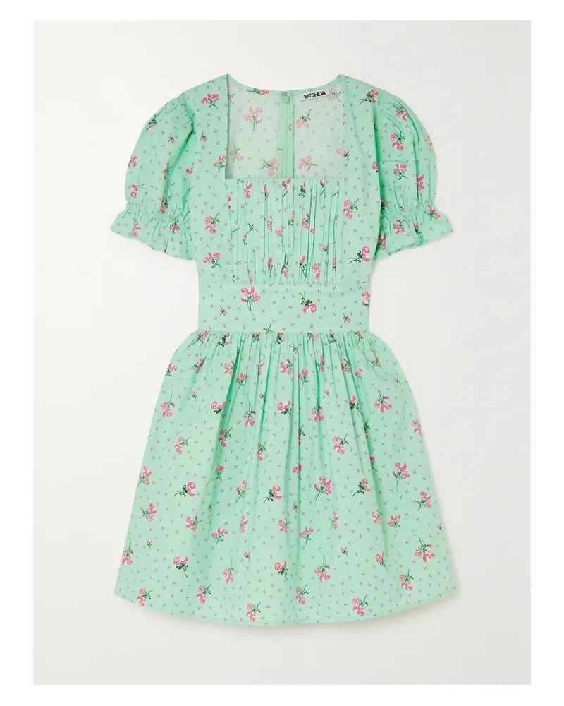 BATSHEVA Popham Minikleid Aus Baumwollpopeline Mit Blumenprint Und Biesen - Blau Blau