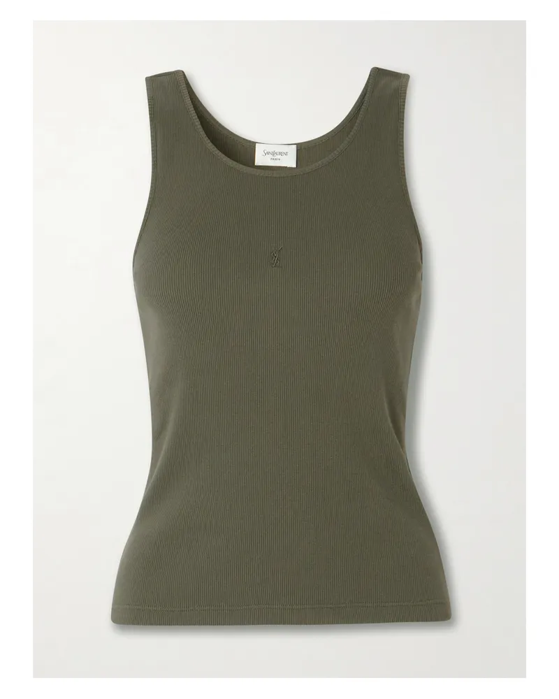 Saint Laurent Cassandre Tanktop Aus Geripptem Baumwoll-jersey Mit Stickerei - Grün Grün