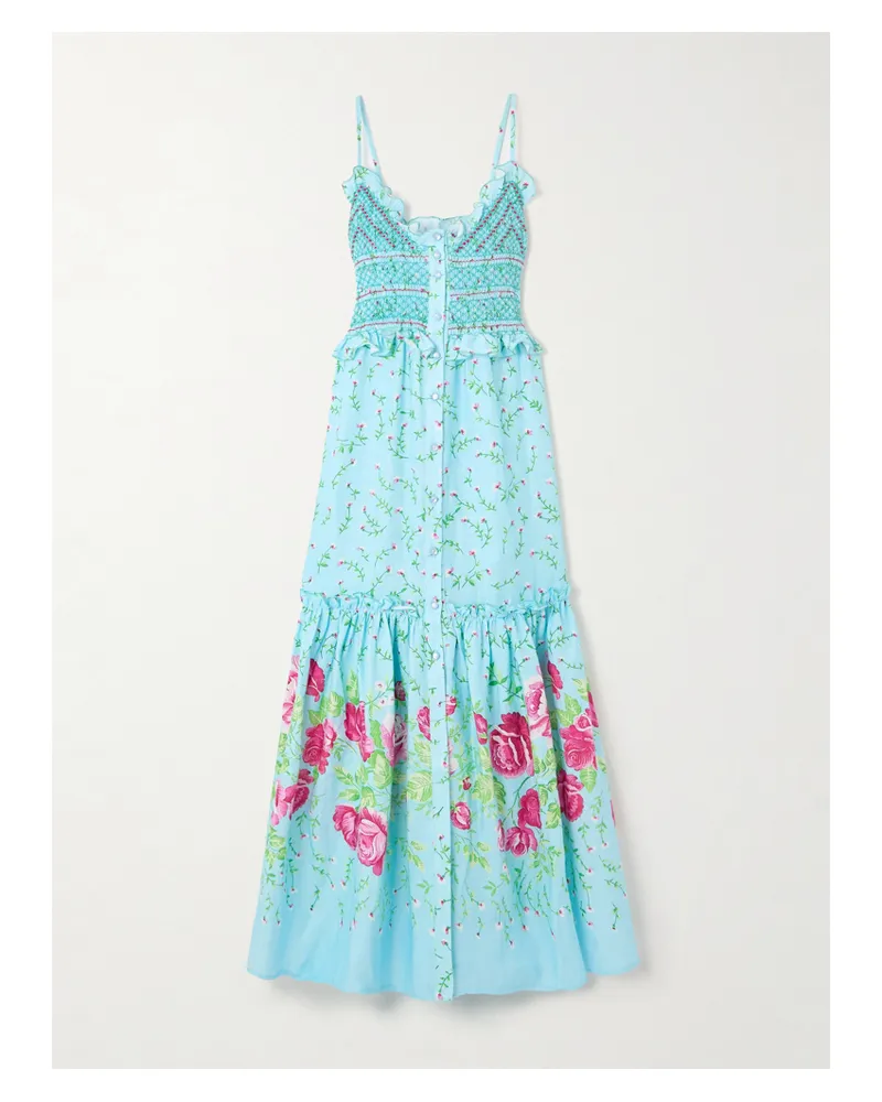 Loretta Caponi Bianca Maxikleid Aus Leinen Mit Blumenprint, Stickereien, Smokarbeit Und Rüschen - Blau Blau