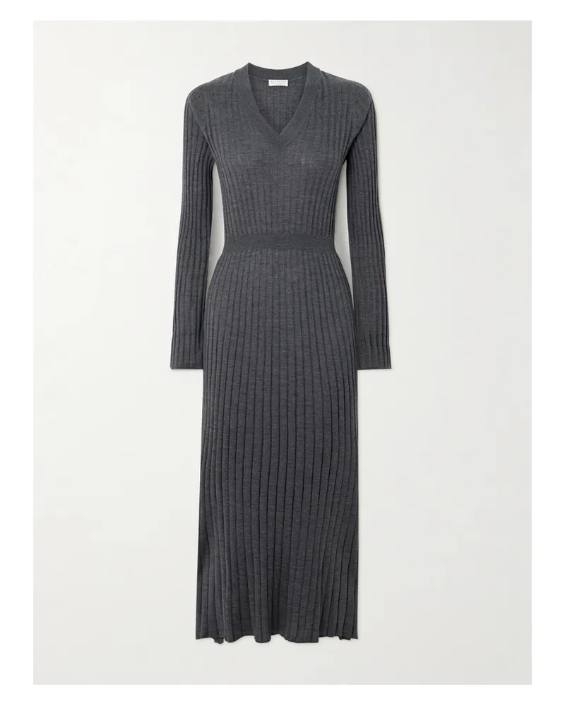 Brunello Cucinelli Ribbed Wool Midi Dress - Gray Gray