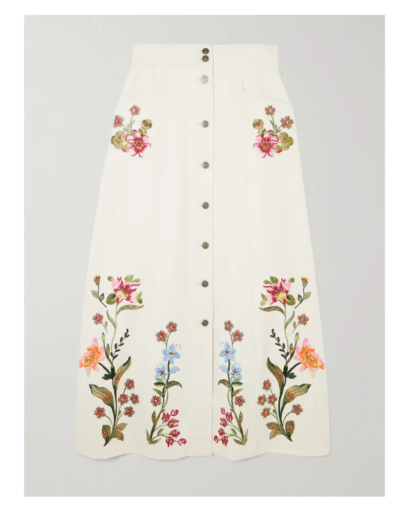 Valentino Garavani Sequin-embellished Embroidered Denim Maxi Skirt - Cream Cream