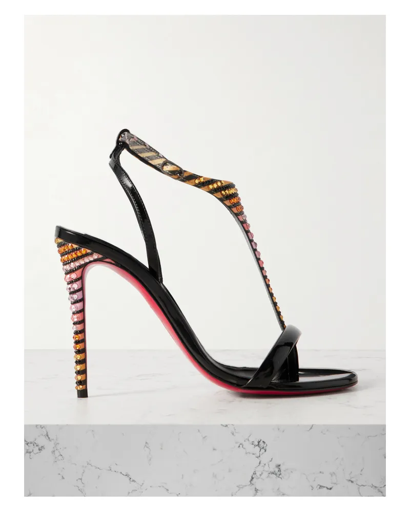 Christian Louboutin Athina 100 Patent Leather-trimmed Crystal-embellished Striped Satin Sandals - Black Black