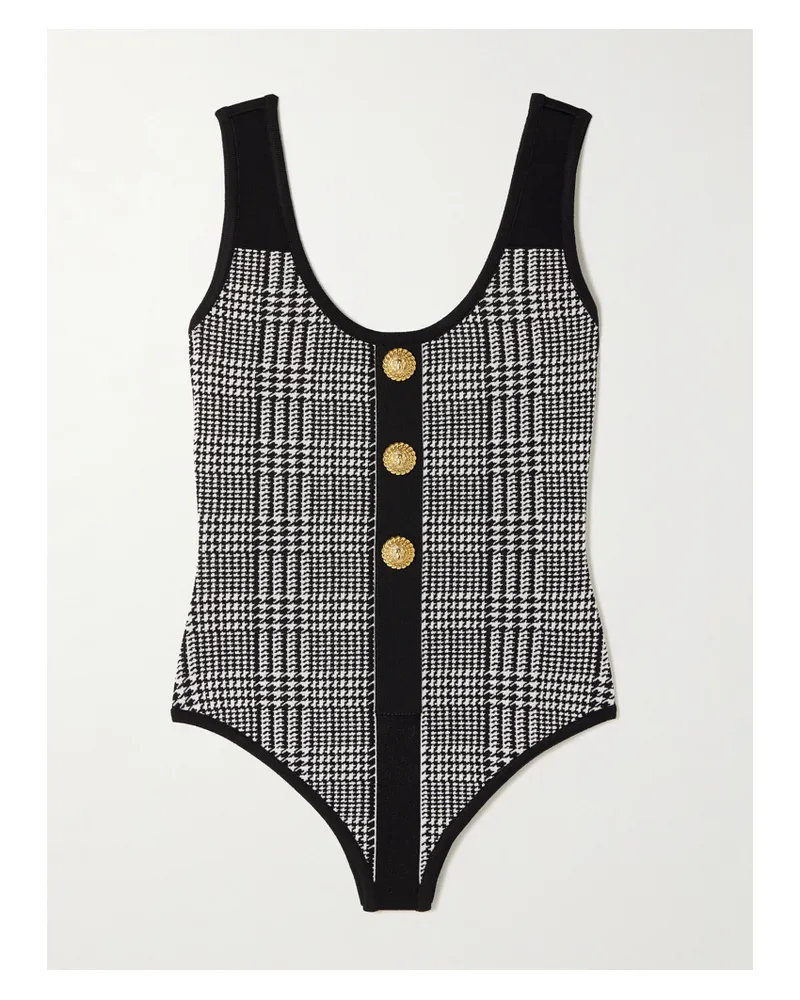 Balmain Embellished Prince Of Wales Checked Stretch-knit Bodysuit - White White