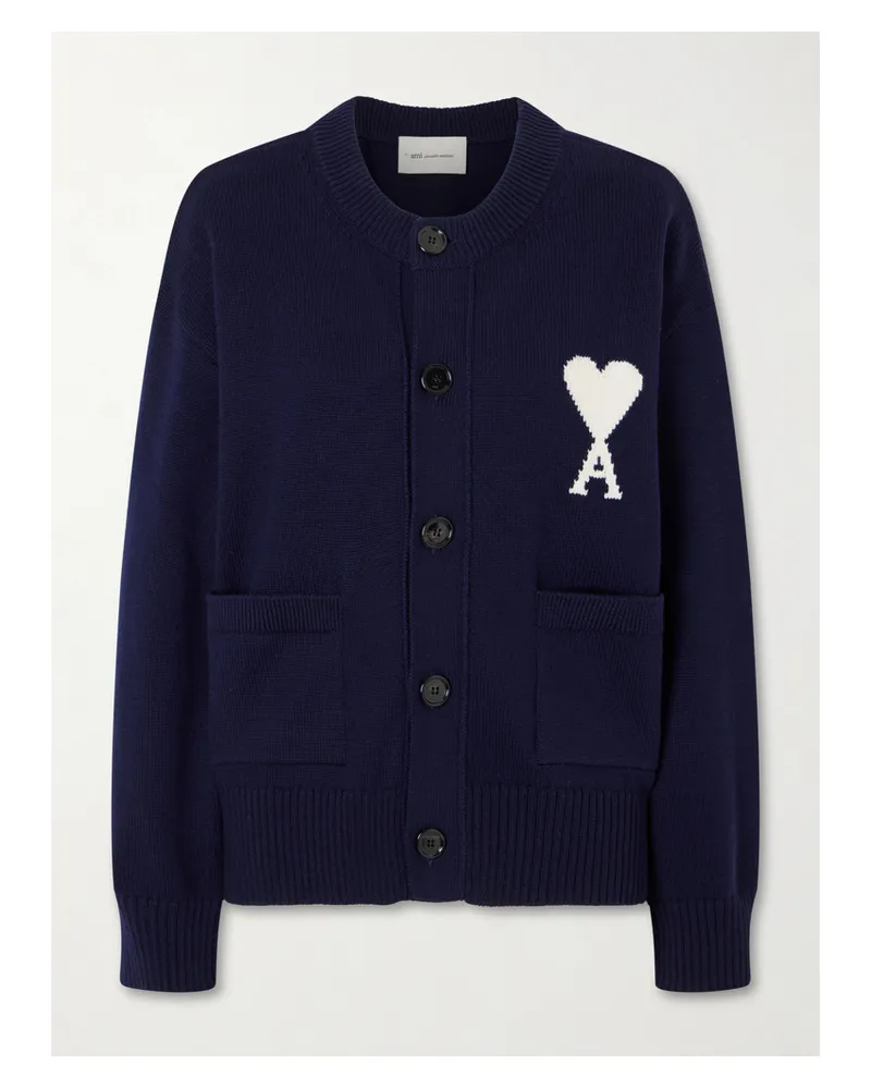 AMI Paris Logo-embroidered Wool And Cotton-blend Cardigan - Blue Blue
