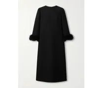 Feather-trimmed Wool And Silk-blend Crepe Midi Dress - Black