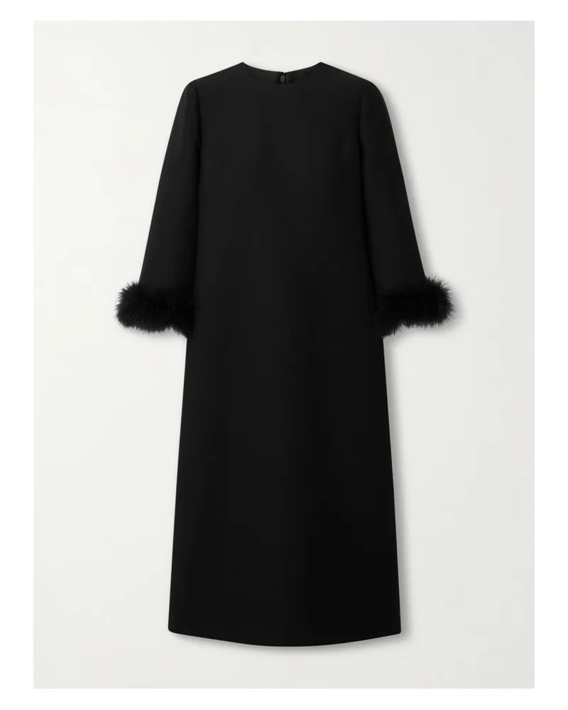 Valentino Garavani Feather-trimmed Wool And Silk-blend Crepe Midi Dress - Black Black