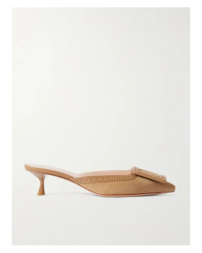 Roger Vivier Viv In The City 45 Buckled Perforated Leather-trimmed Suede Mules - Brown Brown