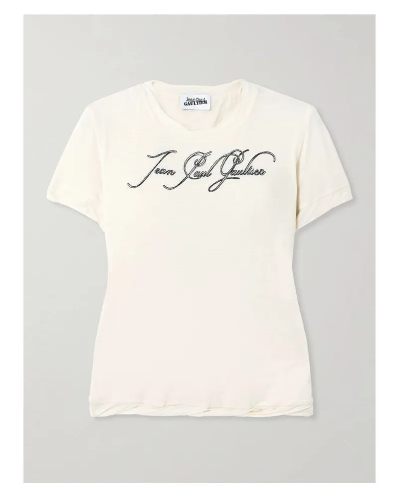 Jean Paul Gaultier T-shirt Aus Baumwoll-jersey Mit Print Und Stickerei - Wollweiß Wollweiß