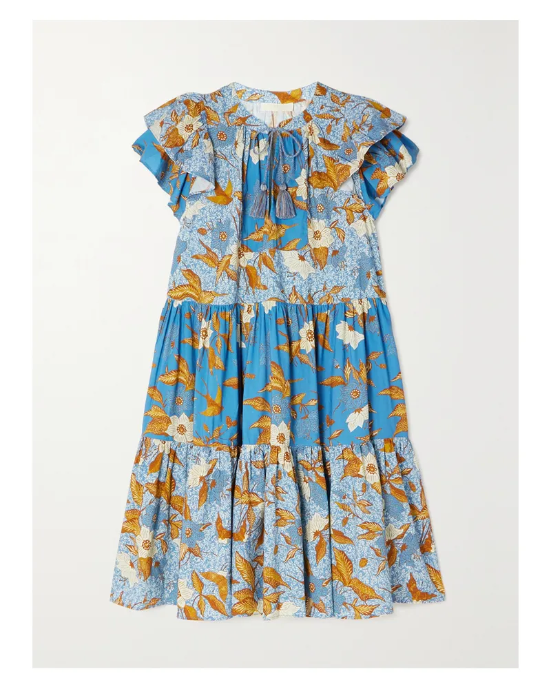 Ulla Johnson Gail Kleid Aus Einer Baumwollmischung Mit Blumenprint Und Rüschen In Patchwork-optik - Blau Blau