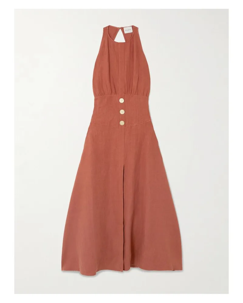 Le Kasha 1918 Jesmah Midikleid Aus Leinen Mit Verzierungen Und Rückenausschnitt - Rot Rot