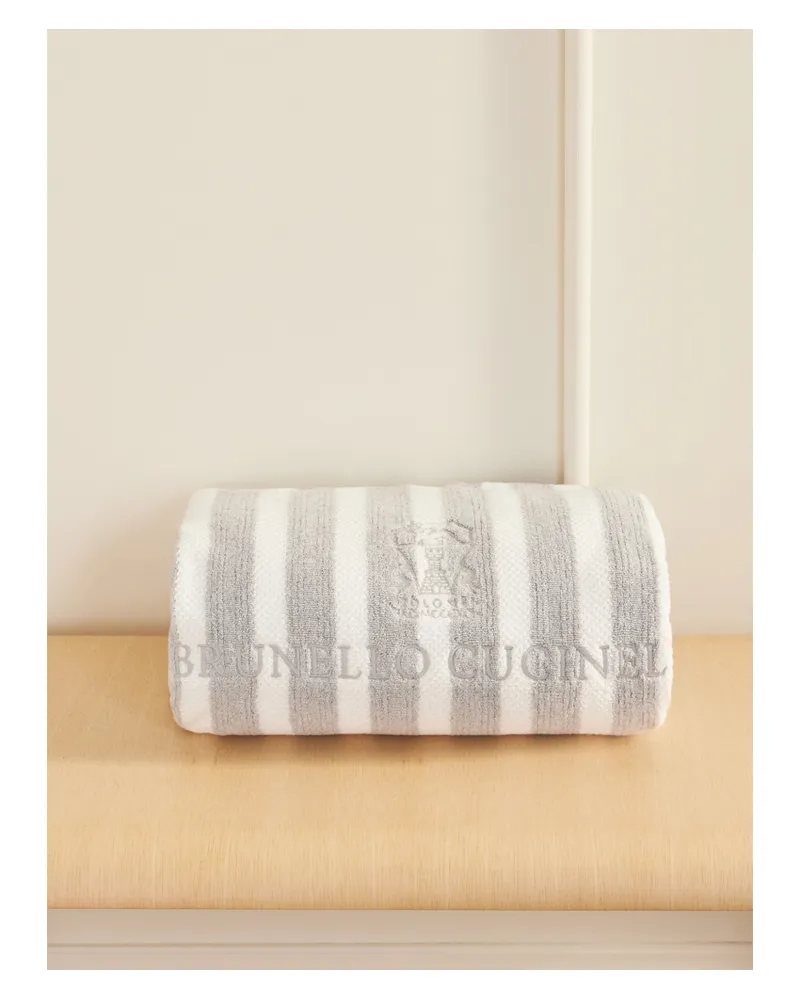 Brunello Cucinelli Strandtuch Aus Gestreiftem Baumwollfrottee Mit Stickerei - Grau Grau