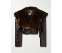 Verkürzte Jacke Aus Glanzleder Mit Shearling-besatz Und Gürtel - Braun