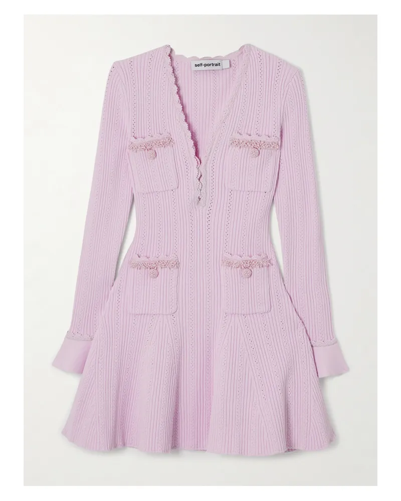 Self-Portrait Minikleid Aus Geripptem Pointelle-strick Mit Kunstperlen - Pink Pink