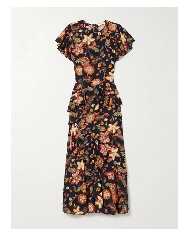 Ulla Johnson Amaia Gestuftes Midikleid Aus Seide Mit Blumenprint Und Rüschen - Schwarz Schwarz