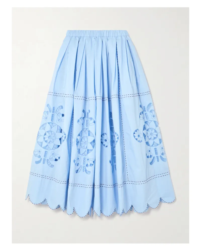 VITA KIN Havana Scalloped Pleated Broderie Anglaise Cotton-poplin Midi Skirt - Blue Blue