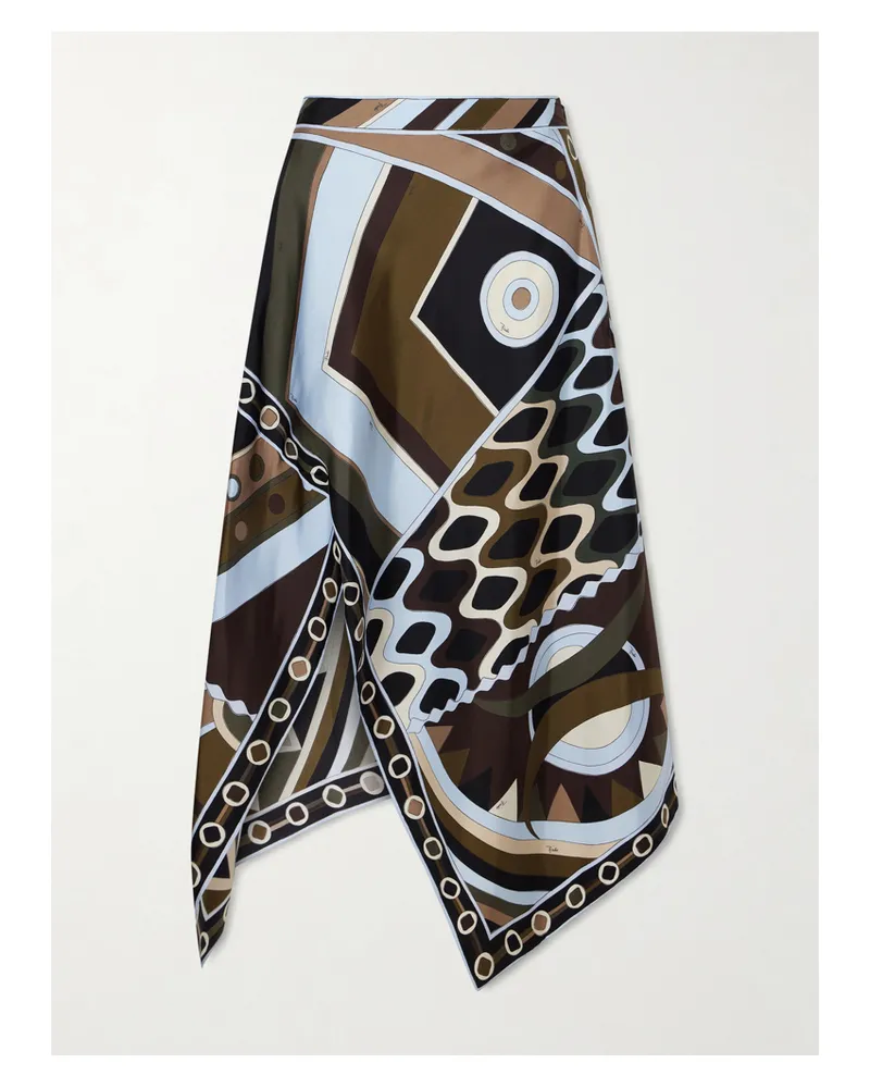 Emilio Pucci Asymmetric Printed Silk-twill Maxi Skirt - Green Green