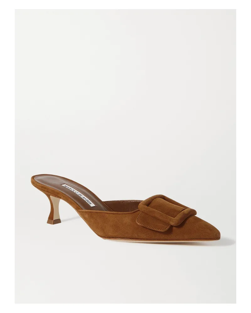 Manolo Blahnik Maysale 50 Buckled Suede Mules - Brown Brown