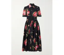 Belted Gathered Floral-print Cotton-poplin Midi Dress - Black