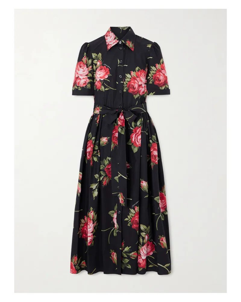 Dolce & Gabbana Belted Gathered Floral-print Cotton-poplin Midi Dress - Black Black