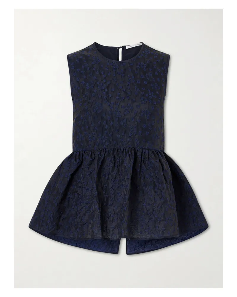 Cecilie Bahnsen Margueritte Embroidered Cotton-blend Cloqué Peplum Top - Blue Blue