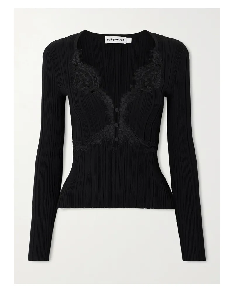 Self-Portrait Lace-trimmed Ribbed-knit Top - Black Black