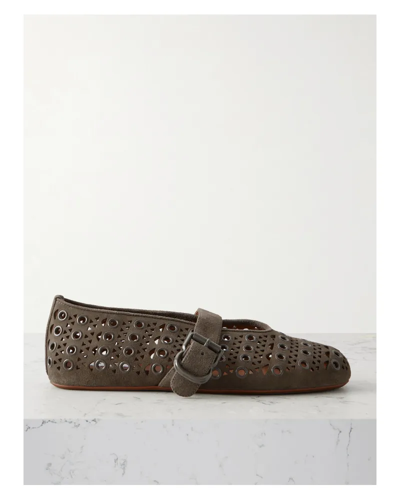 Alaïa Eyelet-embellished Perforated Suede Ballet Flats - Gray Gray