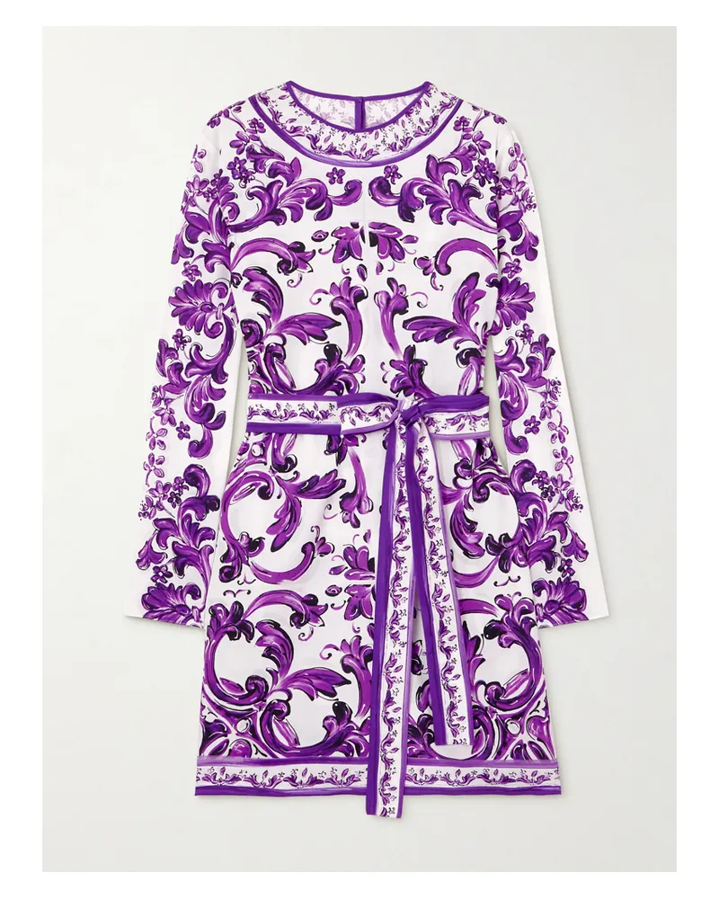 Dolce & Gabbana Minikleid Aus Bedrucktem Voile Aus Einer Seidenmischung Mit Bindegürtel - Lila Lila