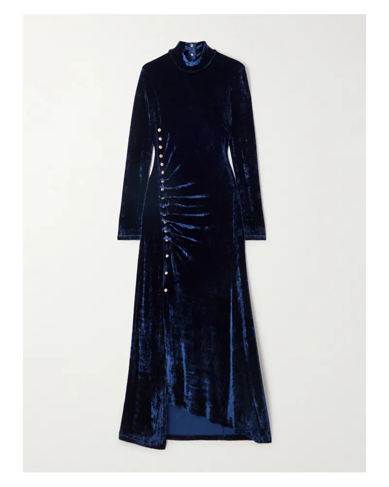 Paco Rabanne Asymmetric Ruched Embellished Velvet Turtleneck Dress - Blue Blue