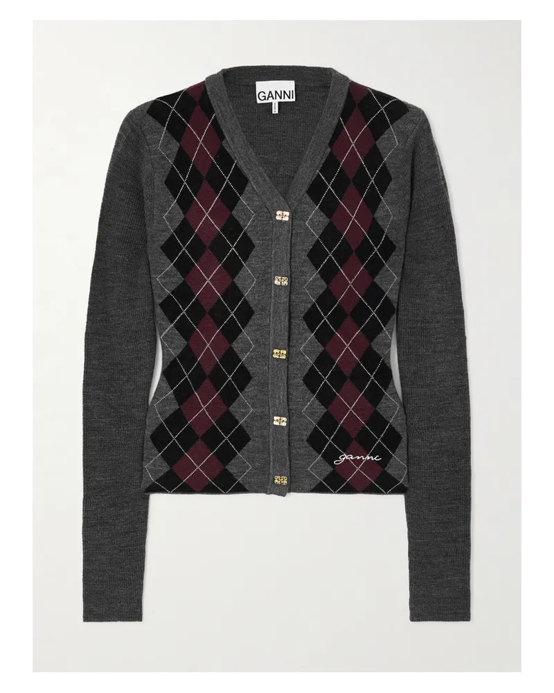Ganni Cardigan Aus Merinowolle Mit Argyle-muster - Grau Grau