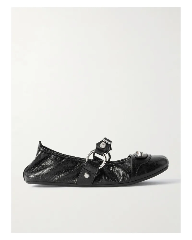 Balenciaga City Embellished Crinkled-leather Ballet Flats - Black Black