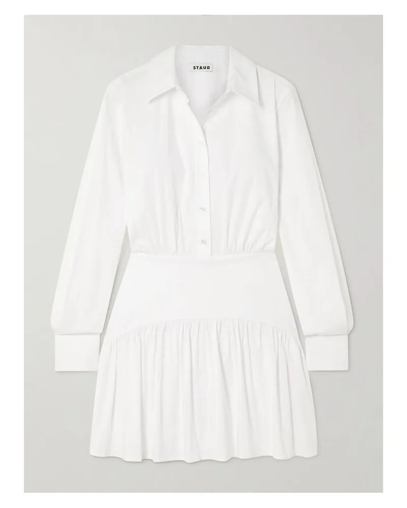 STAUD Rocco Mini-hemdblusenkleid Aus Stretch-baumwollpopeline Mit Raffungen - Weiß Weiß