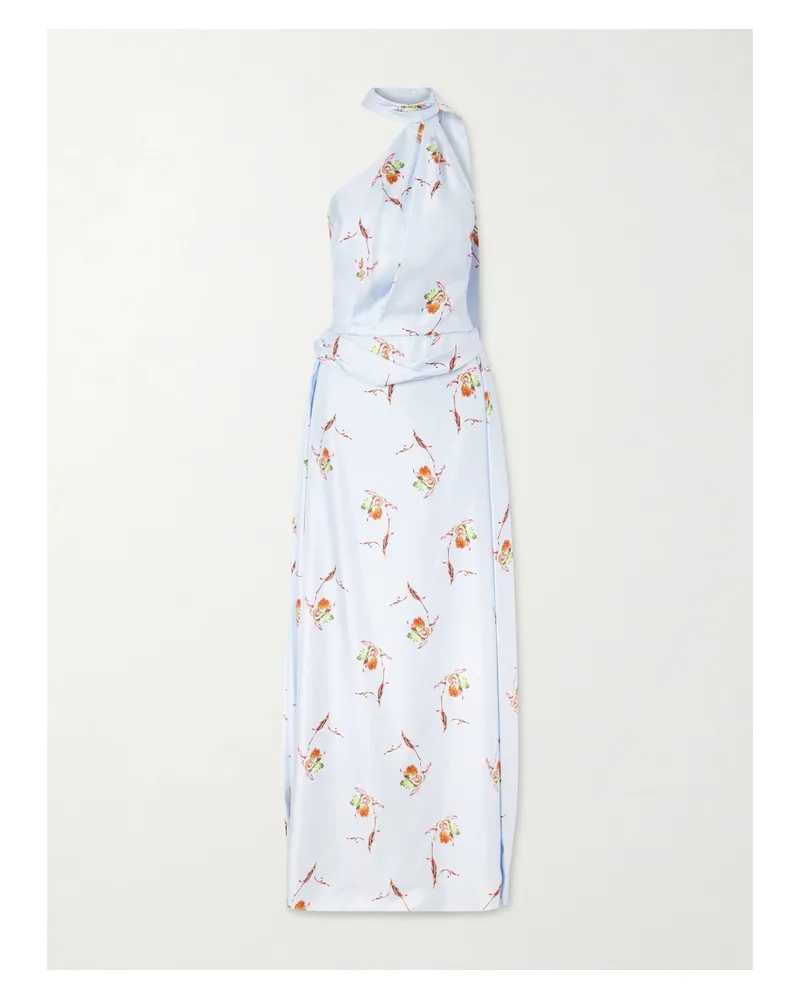 EMILIA WICKSTEAD Tie-detailed Pleated Floral-print Halterneck Silk-twill Gown - Blue Blue