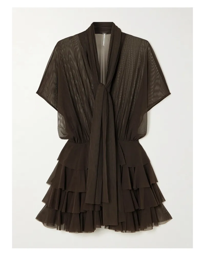 Norma Kamali Lauren Tie-neck Ruffled Stretch-mesh Mini Dress - Brown Brown