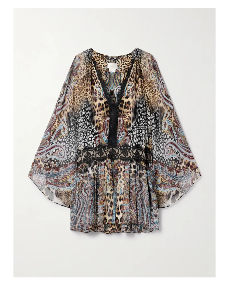 Camilla Oversized-minikleid Aus Bedrucktem Crêpe De Chine Aus Seide Mit Spitzenbesätzen - Mehrfarbig Mehrfarbig