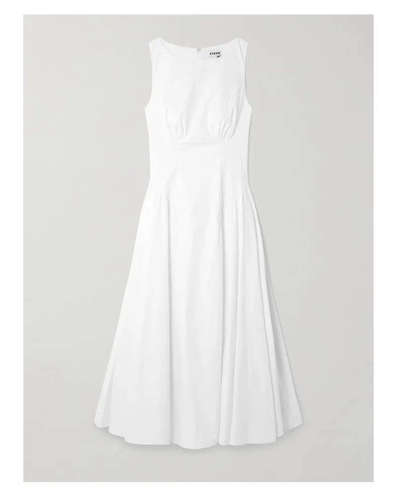 STAUD Gwen Paneled Pleated Cotton-blend Poplin Midi Dress - White White