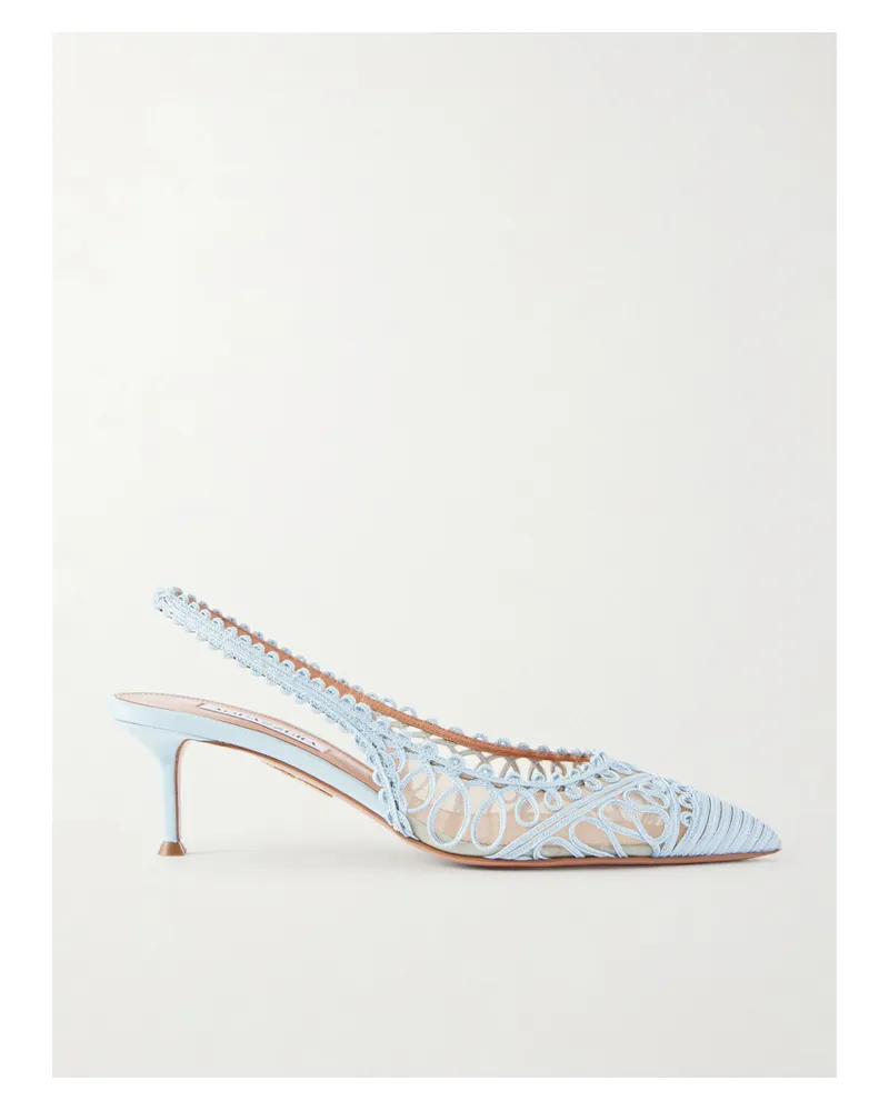 Aquazzura Kahlo 50 Embroidered Leather-trimmed Mesh Slingback Pumps - Blue Blue