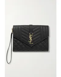 Saint Laurent Envelope Clutch aus Gestepptem Strukturiertem Leder Schwarz