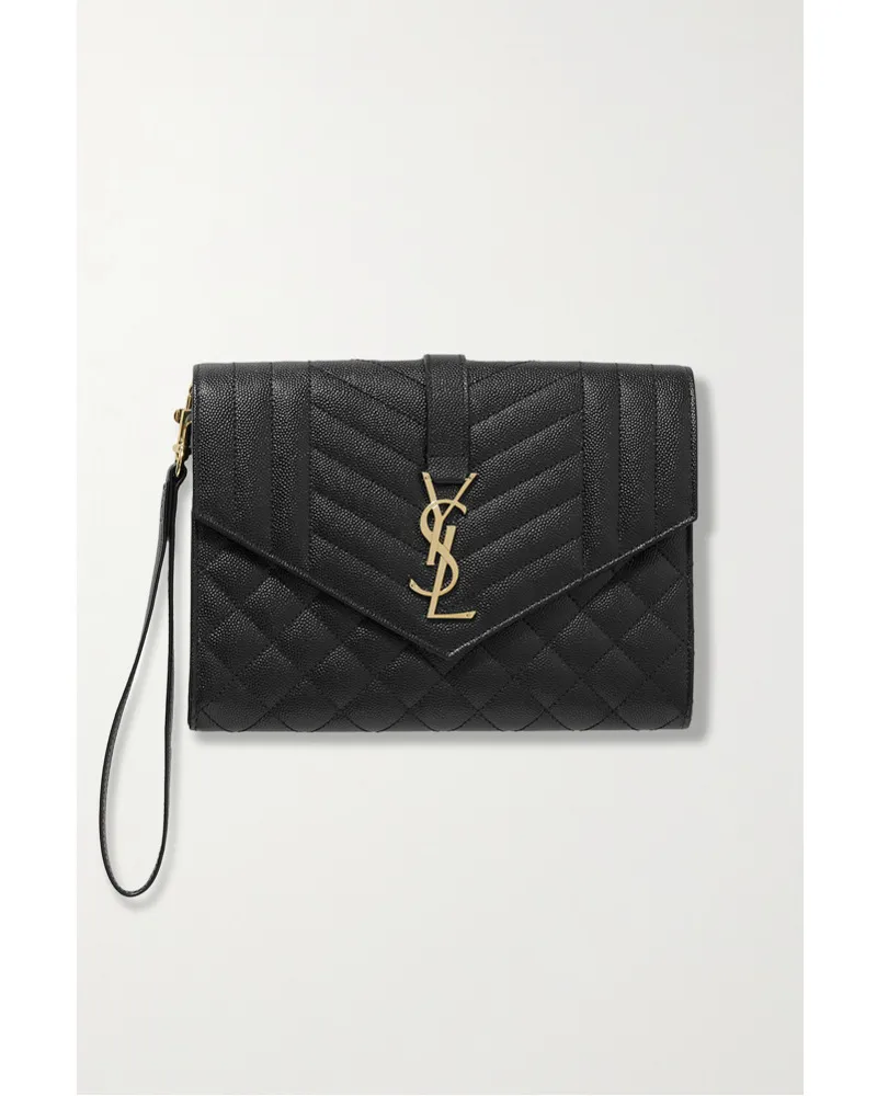 Saint Laurent Envelope Clutch aus Gestepptem Strukturiertem Leder Schwarz