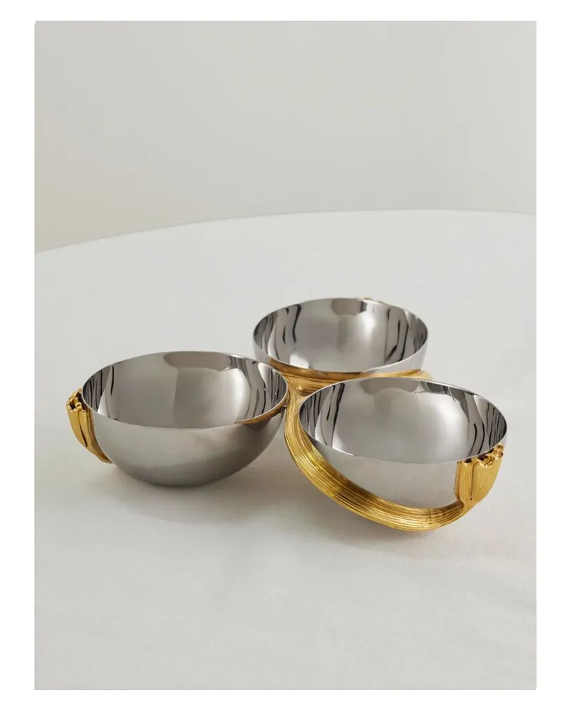 L’OBJET Deco Leaves Set Aus Drei Schalen Aus Edelstahl Mit Vergoldetem Servierständer - Silber Silber