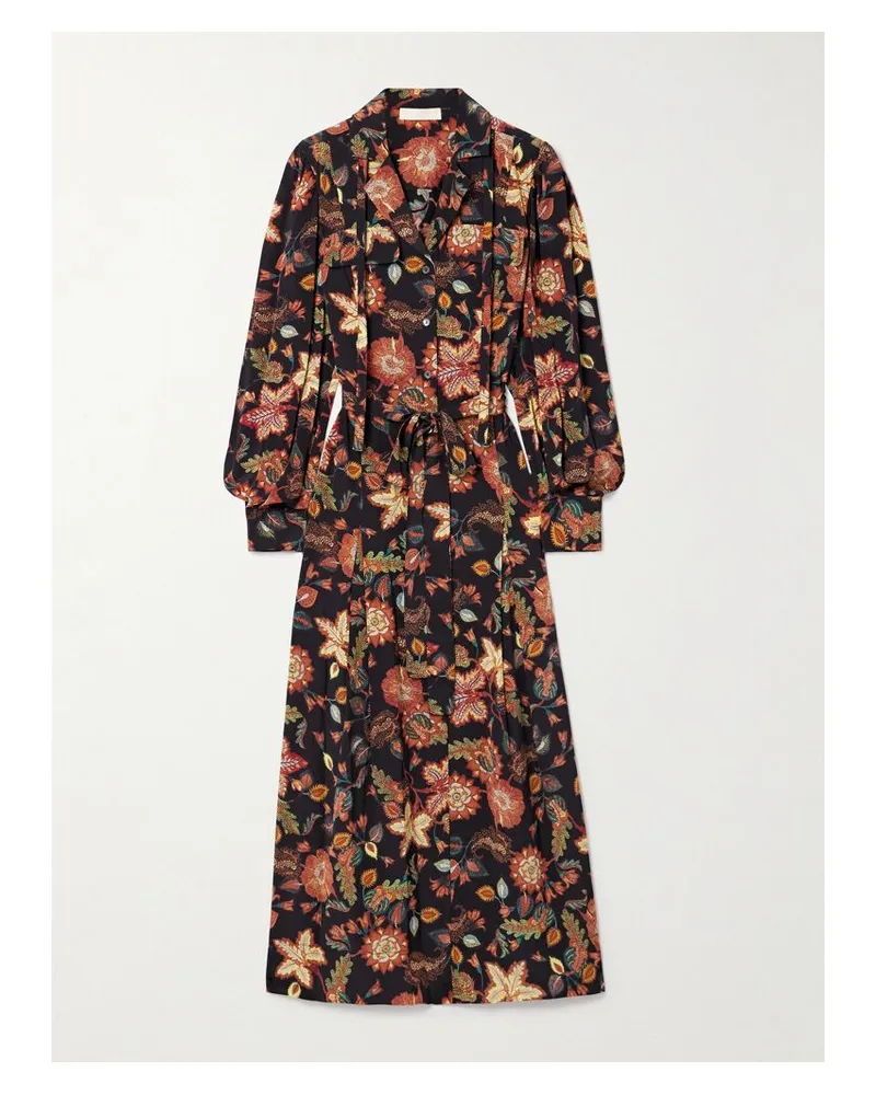 Ulla Johnson Giselle Midikleid Aus Seide Mit Blumenprint Und Bindegürtel - Schwarz Schwarz