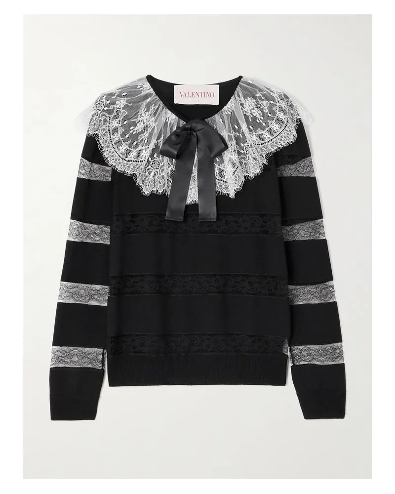 Valentino Garavani Gestreifter Pullover Aus Wolle Mit Spitzeneinsätzen Und Schleife - Schwarz Schwarz