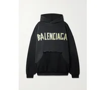 Oversized Distressed Printed Cotton-jersey Hoodie - Black