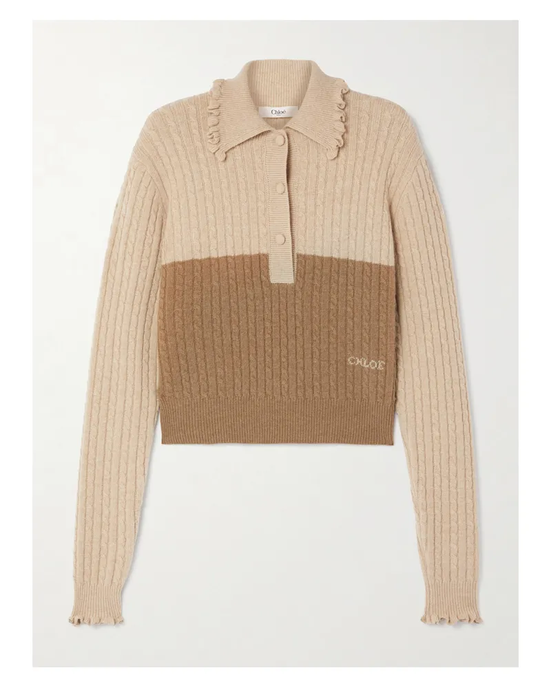 Chloé Zopfstrickpullover Aus Wolle Mit Polokragen Und Rüschen - Neutral Neutral