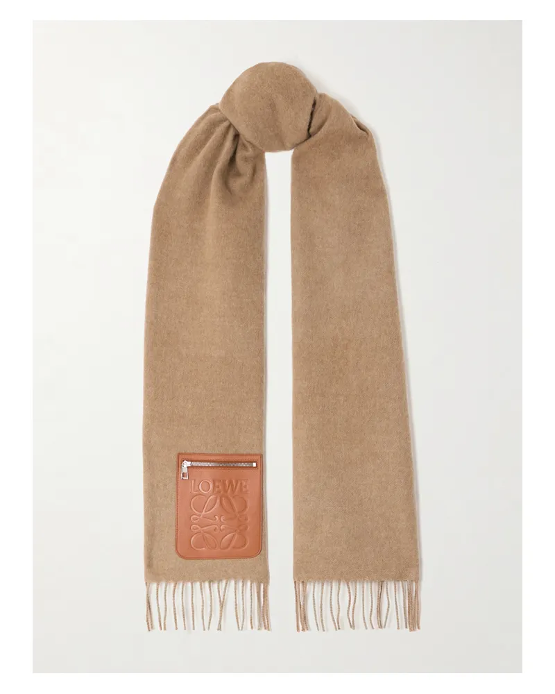 Loewe Schal Aus Einer Woll-kaschmirmischung Mit Fransen Und Lederbesatz - Neutral Neutral