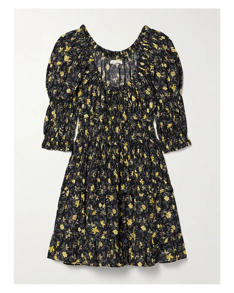 DÔEN Ismene Shirred Floral-print Organic Cotton-blend Voile Mini Dress - Black Black