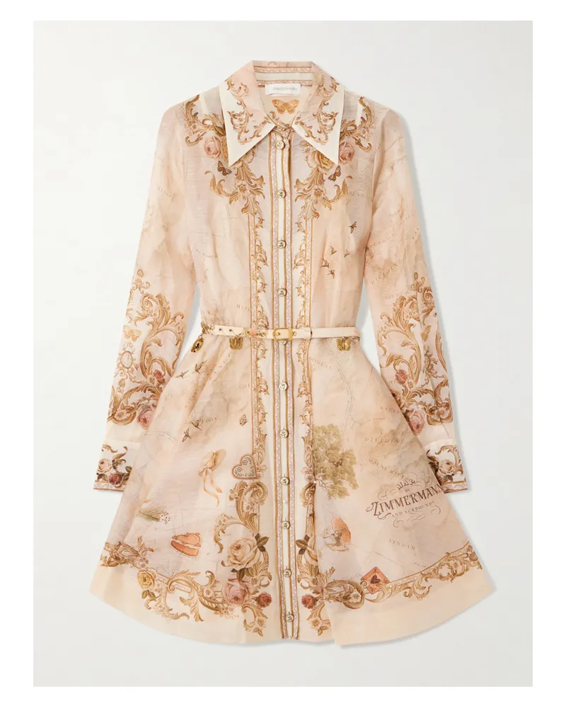 Zimmermann Minikleid Aus Einer Bedruckten Leinen-seidenmischung Mit Gürtel - Creme Creme