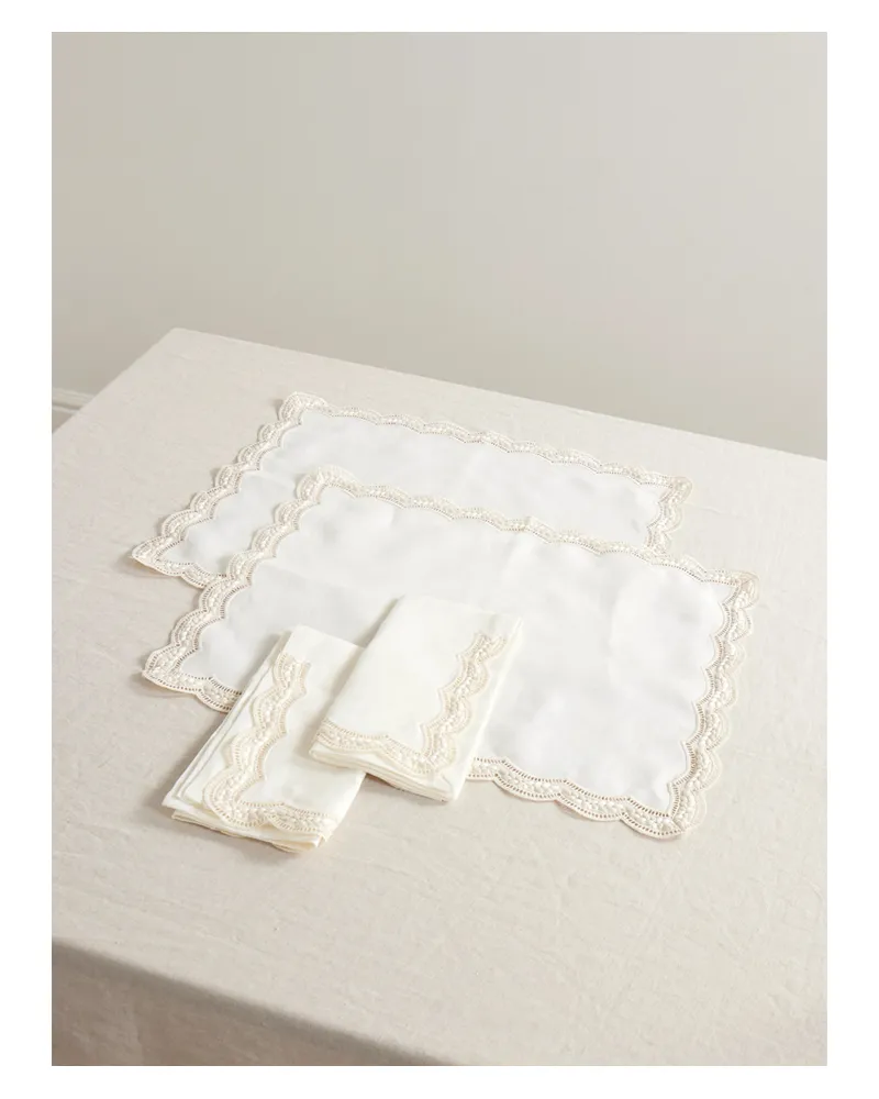 CABANA Emilia Set Aus Zwei Platzsets Und Servietten Aus Leinen Mit Bestickten Wellenkanten - Elfenbein Elfenbein
