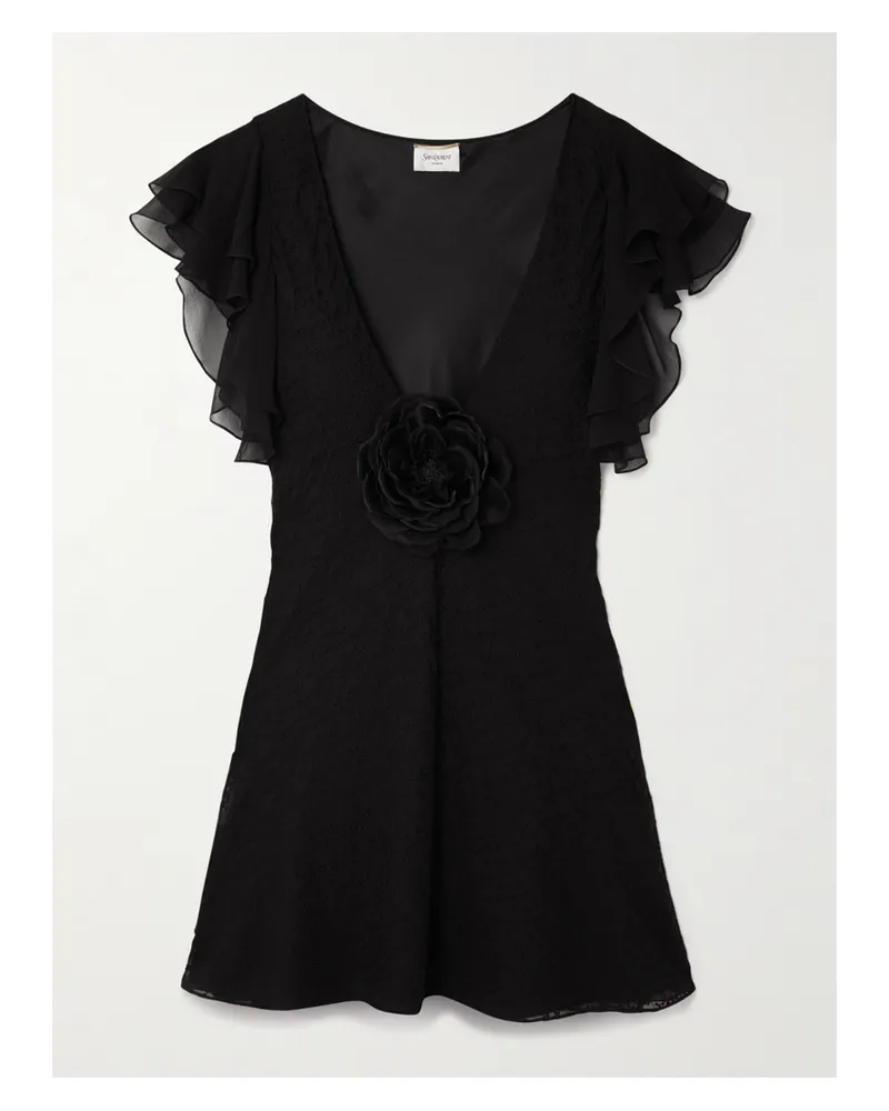 Saint Laurent Appliquéd Broderie Anglaise Cotton-blend Voile Mini Dress - Black Black